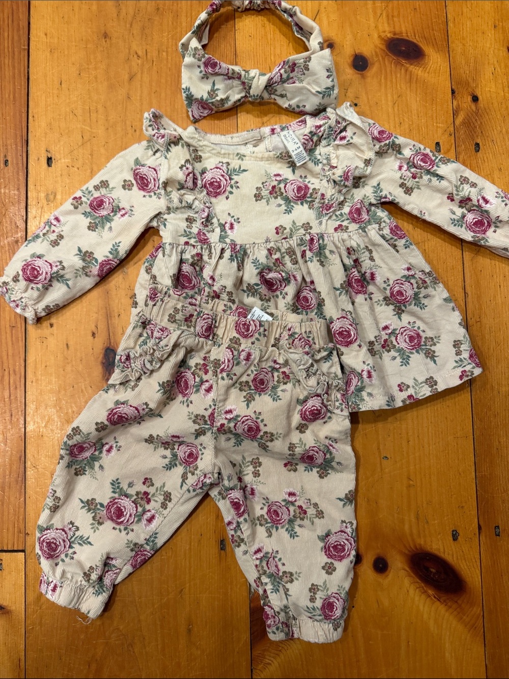 Chickpea 3-Piece Set Floral Baby Girl Dress Joggers Headband Rose Print